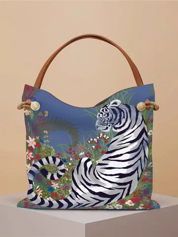 Sac Cabas Imprimé Tigre Grande Capacité Polyester Artistique Floral Sac à Main Avec Poignées Circulaires Pour Femmes Voyage