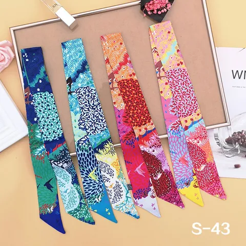 Artistic Satin Twilly Scarf Floral Bird Animal Print Handbag Handle Wrap Skinny Ribbon Neck Scarf For Women Hair Band