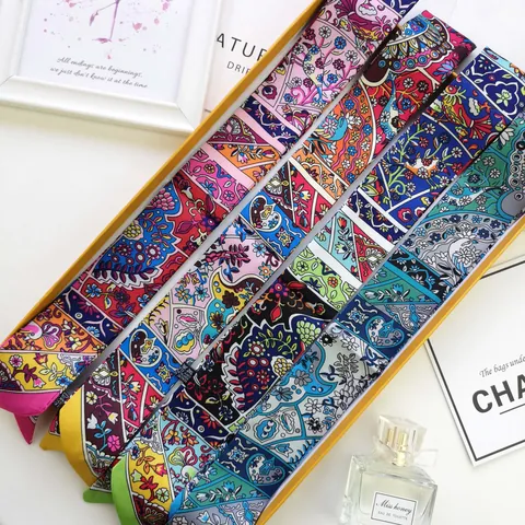 Vintage Paisley Floral Print Satin Skinny Scarf For Women Decorative Bag Ribbon Hair Tie Elegant Neck Scarf With Gift Box