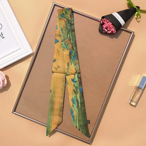 Bufanda Twilly de Satén Estilo Chino Paisaje de Grulla Bufanda Estrecha para Mujer Decoración de Asa de Bolso y Cabello