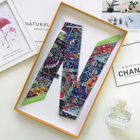 Vintage Paisley Floral Print Satin Skinny Scarf For Women Decorative Bag Ribbon Hair Tie Elegant Neck Scarf With Gift Box