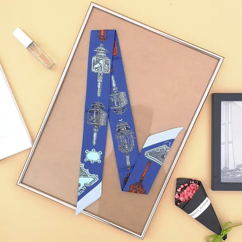French Vintage Satin Twilly Scarf Retro Lantern Printed Narrow Silk Like Neck Scarf Handbag Handle Ribbon For Women Accessories