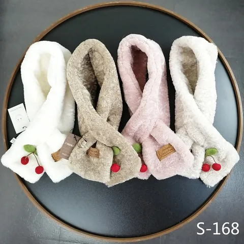 Women Winter Faux Rabbit Fur Plush Scarf With Cute Cherry Decoration Warm Cross Scarf Autumn Winter Solid Color Khaki Neck Warmer