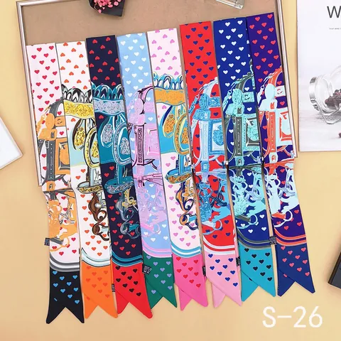 Women Vintage Satin Scarf Twilly Ribbon For Bag Hair Decoration Heart Equestrian Print Skinny Scarf Fashion Necktie Wristband Headband Accessories