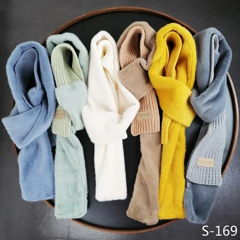 Women Winter Knitted Patchwork Scarf Faux Rex Rabbit Fur Soft Warm Neck Warmer Cute Student Fashion Solid Color Shawl Muffler