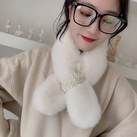 Women's Faux Rabbit Fur Scarf Elegant Pearl Cross Neck Warmer Winter Warm Plush Scarf For Women Solid Color Korean Style Neck Wrap