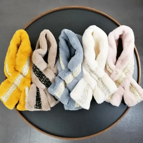 Women Faux Fur Scarf Tweed Trim Cross Neck Warmer Solid Color Soft Plush Thick Winter Scarf Warm Elegant Neck Wrap Fashion