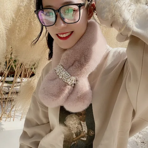 Women's Faux Rabbit Fur Scarf Elegant Pearl Cross Neck Warmer Winter Warm Plush Scarf For Women Solid Color Korean Style Neck Wrap