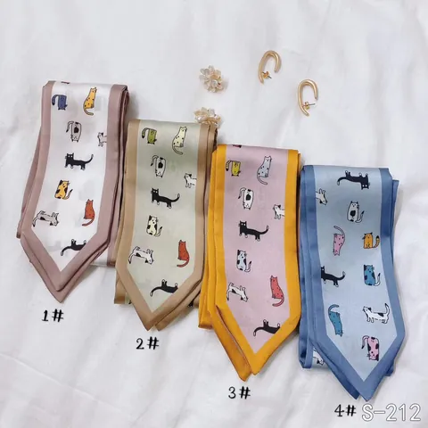 Dames Cartoon Kat Print Smalle Satijn Sjaal Decoratieve Nekband Zijdeachtig Dun Lang Twilly Voor Handtas Haar Accessoires