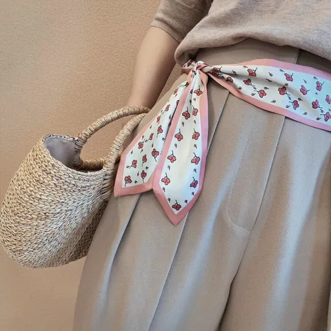 Sciarpa Sottile in Raso da Donna Stampa Ciliegia Minimalista Francese Cravatta Lunga Fascia per Capelli Cintura Accessorio