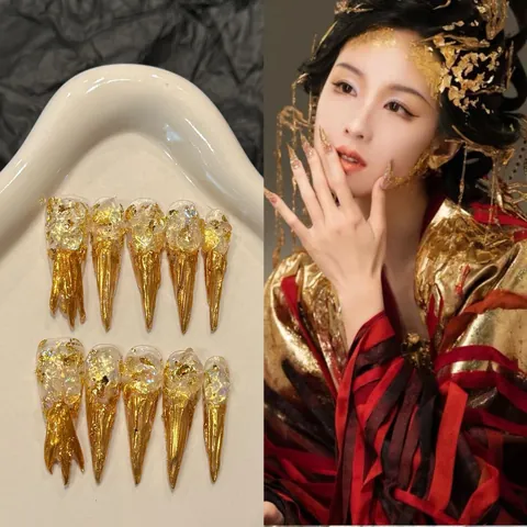 Handgefertigte Lange Stiletto Aufdrücknägel Mit Goldfolie Metallisch Flüssiges Gold Dekoration Transparent Luxus Party Damen