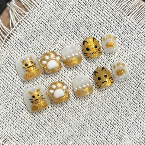Handmade 3D Cat Pearl Press On Nails For Kids Girls Gold White Glitter Cartoon Resin False Nails Set With 10 Pieces For Daily Decoration