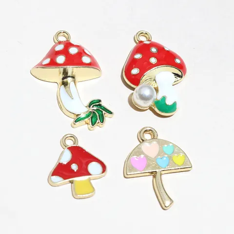 Alloy Enamel Mushroom Pendants Drip Oil Red White Polka Dot Heart Shape Charms For DIY Jewelry Making Necklace Accessories