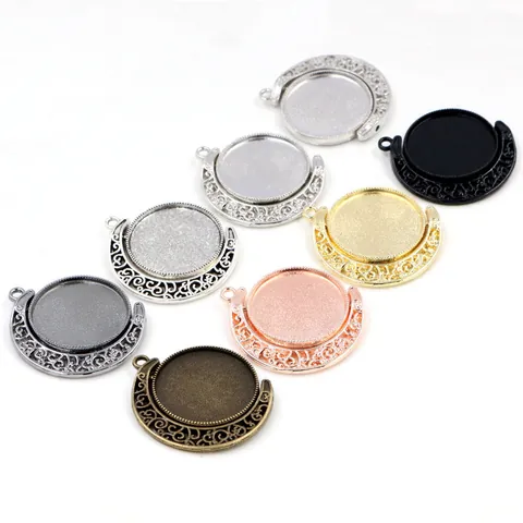 Rotating Alloy Bezel Trays Pendant Base Jewelry Making Crescent Moon Lace Frame Round Cabochon Setting Vintage DIY Craft