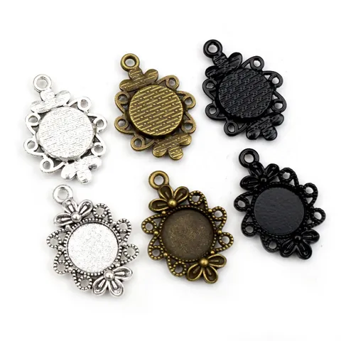 DIY Fabricación de Joyería Bandejas de Colgante de Aleación de Zinc Borde de Flor Vintage Base Redonda Para Colgantes de Piedras Preciosas Plata Antigua Bronce