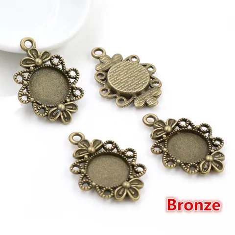 DIY Fabricación de Joyería Bandejas de Colgante de Aleación de Zinc Borde de Flor Vintage Base Redonda Para Colgantes de Piedras Preciosas Plata Antigua Bronce