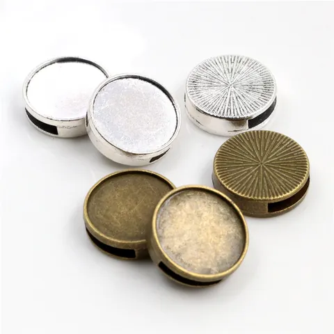 Cursore a Vassoio Rotondo in Lega di Zinco Componente Gioielli DIY Base Foro Laterale Bronzo Antico Argento per Nastro