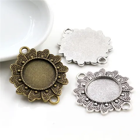 Vintage Legering Bloem Ronde Cabochon Bezetting Connector Dubbele Lus Sieraden Benodigdheden Voor DIY Ketting Armband Maken Antiek Brons Zilver
