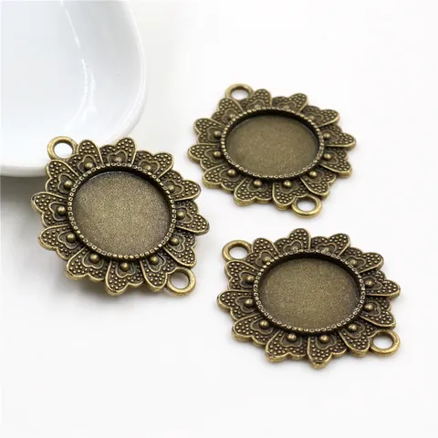 Vintage Legering Bloem Ronde Cabochon Bezetting Connector Dubbele Lus Sieraden Benodigdheden Voor DIY Ketting Armband Maken Antiek Brons Zilver