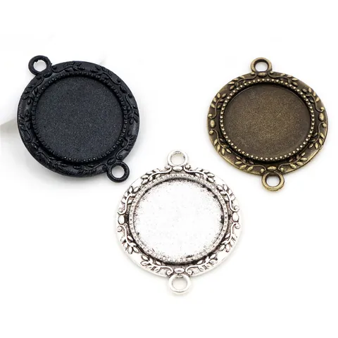 Vintage Zinc Alloy Round Cabochon Bezel Setting Relief Floral Pattern Dual Loop Pendant Base For DIY Jewelry Making Findings
