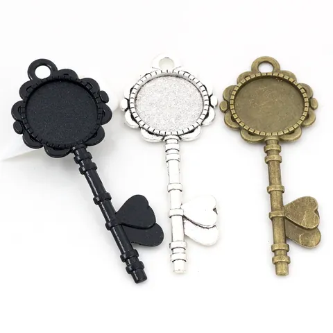 Vintage Zinc Alloy Key Pendant Base Floral Heart Design Round Bezel Tray For DIY Time Gem Jewelry Making Findings
