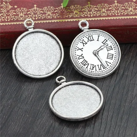 Round Pendant Bezel Tray DIY Jewelry Making Vintage Alloy Base Clock Roman Numeral Pattern Antique Bronze Silver Findings