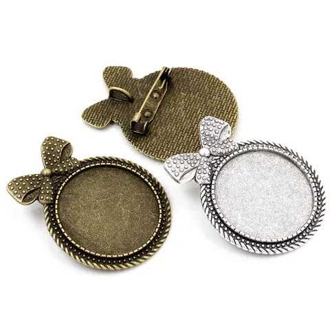 Vintage Zinc Alloy Round Bow Brooch Base Pendant Tray For DIY Jewelry Making Antique Silver Bronze Cabochon Setting Findings