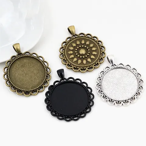 DIY Round Alloy Pendant Bezel Trays Cabochon Base Settings Vintage Hollow Lace Flower Pattern For Jewelry Making Metal Findings
