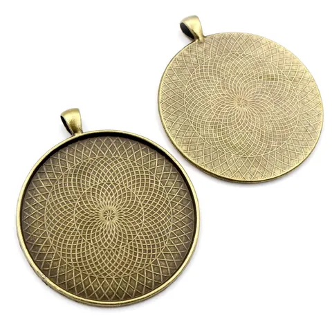 Round Alloy Pendant Trays Bezel Base Vintage Mandala Pattern For DIY Jewelry Making Accessories Silver Bronze Glass Cabochon