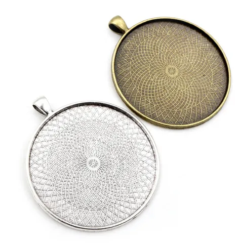 Round Alloy Pendant Trays Bezel Base Vintage Mandala Pattern For DIY Jewelry Making Accessories Silver Bronze Glass Cabochon