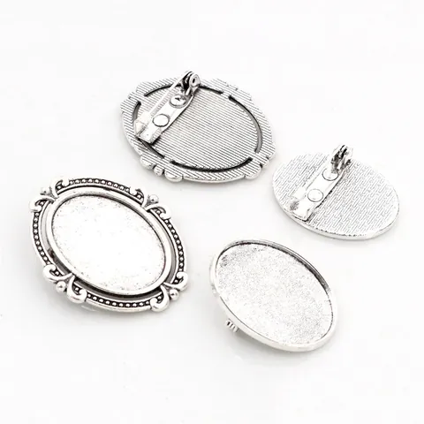 Vintage Antique Silver Oval Alloy Brooch Base DIY Jewelry Making Findings Baroque Style Setting With Safety Pin Back