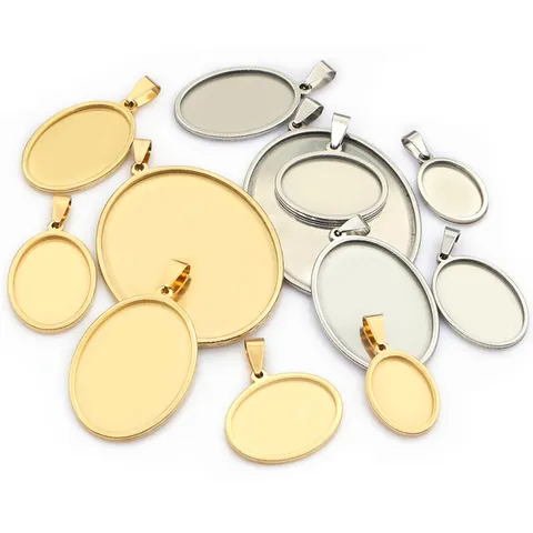 Stainless Steel Oval Pendant Tray Bezel Cabochon Settings For DIY Jewelry Making Gold Silver Blank Pendant Base Findings