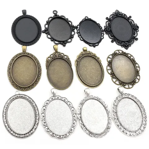Vintage Alloy Oval Pendant Base Cabochon Bezel Trays Lace Edge Frame For DIY Jewelry Making Crafts Necklace Findings