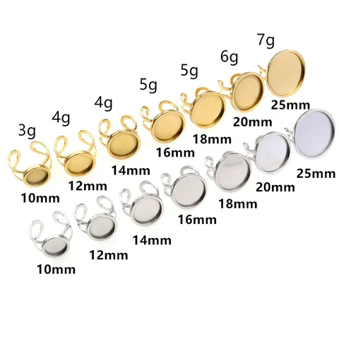 Stainless Steel Adjustable Ring Base Settings Round Cabochon Gemstone Tray DIY Jewelry Making Findings Accessories Gold Silver Tone