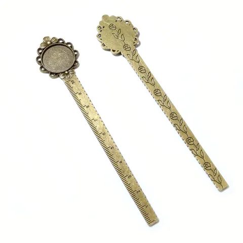 Segnalibro Righello in Metallo Vintage Con Base Rotonda per Cabochon Lega Floreale Scala Graduata Argento Bronzo Antico