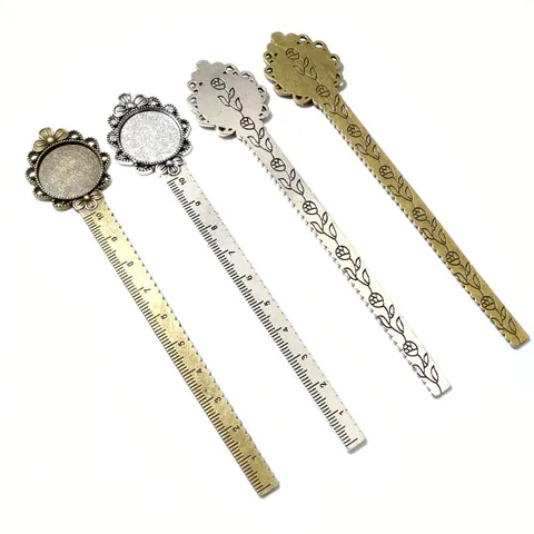 Segnalibro Righello in Metallo Vintage Con Base Rotonda per Cabochon Lega Floreale Scala Graduata Argento Bronzo Antico