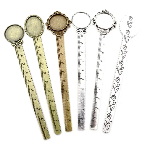 Retro Zinc Alloy Bookmark Ruler With Cabochon Tray Setting For DIY Jewelry Making Vintage Floral Pattern Stationery Accessory