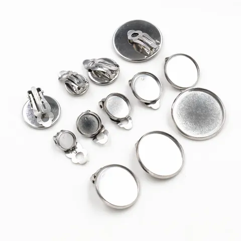 Stainless Steel DIY Earring Clip Base Bezel Tray Round Blank Settings For Non Pierced Ear Jewelry Making Finding Findings