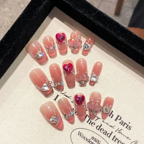 Handmade Press On Nails Pink Gradient Cat Eye Heart Rhinestone Butterfly Artificial Pearl 3D Decorative Long Fake Nails For Women