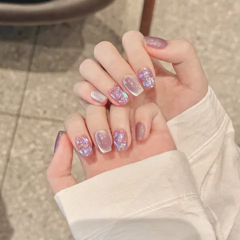 Handmade Cat Eye Press On Nails Purple Taro Coffin Square Round Wearable False Nails With Glitter Shell Decoration Manicure For Women
