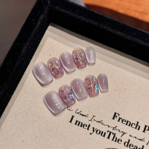 Handmade Cat Eye Press On Nails Purple Taro Coffin Square Round Wearable False Nails With Glitter Shell Decoration Manicure For Women