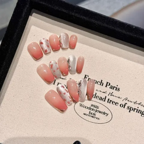 Unghie a Pressione Occhio di Gatto Leopardate Fatte a Mano Rosa Nude Sfumato Unghie Finte Coffin Strass Foglia d'Oro Manicure Lunga Durata Donna