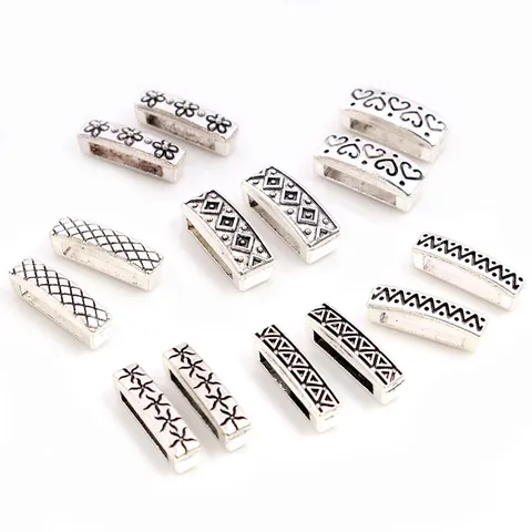 Vintage Zinc Alloy Flat Slider Beads For Leather Bracelet Making Antique Silver Engraved Pattern DIY Jewelry Findings