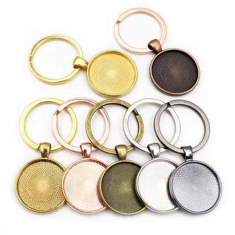 Zinc Alloy Round Keychain Base Bezel Pendant Trays Vintage Geometric Metal Cabochon Setting Jewelry Making Findings Accessory