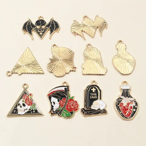 Punk Gothic Skull Rose Tombstone Grim Reaper Enamel Pendants Zinc Alloy Drip Oil DIY Jewelry Charms Halloween Accessories