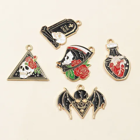 Punk Gothic Skull Rose Tombstone Grim Reaper Enamel Pendants Zinc Alloy Drip Oil DIY Jewelry Charms Halloween Accessories