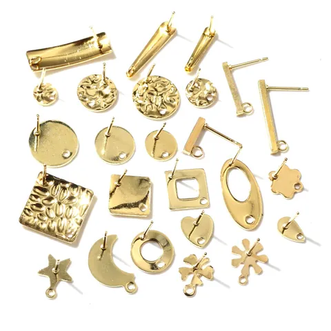Stainless Steel Gold Plated Earring Posts With Loop Stud Base For DIY Jewelry Making Geometric Hammered Earring Findings Accessory