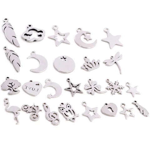 Stainless Steel Small Charms Pendants For DIY Jewelry Making Star Moon Feather Tree Heart Shape Silver Metal Mini Pendants