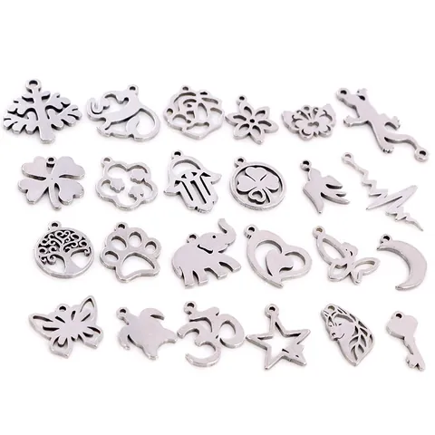 Stainless Steel Small Pendants Charms For DIY Jewelry Making Various Animal Botanical Geometric Shapes Silver Tone Pendants