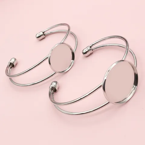 IJzeren DIY Ronde Tray Armband Bezel Instelling Basis Voor Cabochon Maken Dubbele Draad Open Cuff Armband Sieraden Componenten